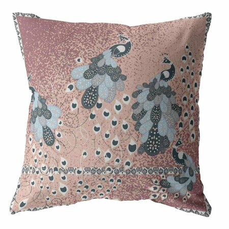 PALACEDESIGNS 18 in. Dusty Pink Boho Bird Indoor & Outdoor Throw Pillow Blue & Muted Magenta PA3099503